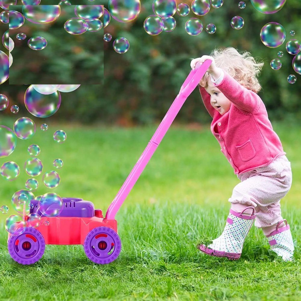 MONI Masina de tuns iarba pentru copii Sir Bubble Roz cu baloane de sapunsolutie de baloane de 118ml inclusa