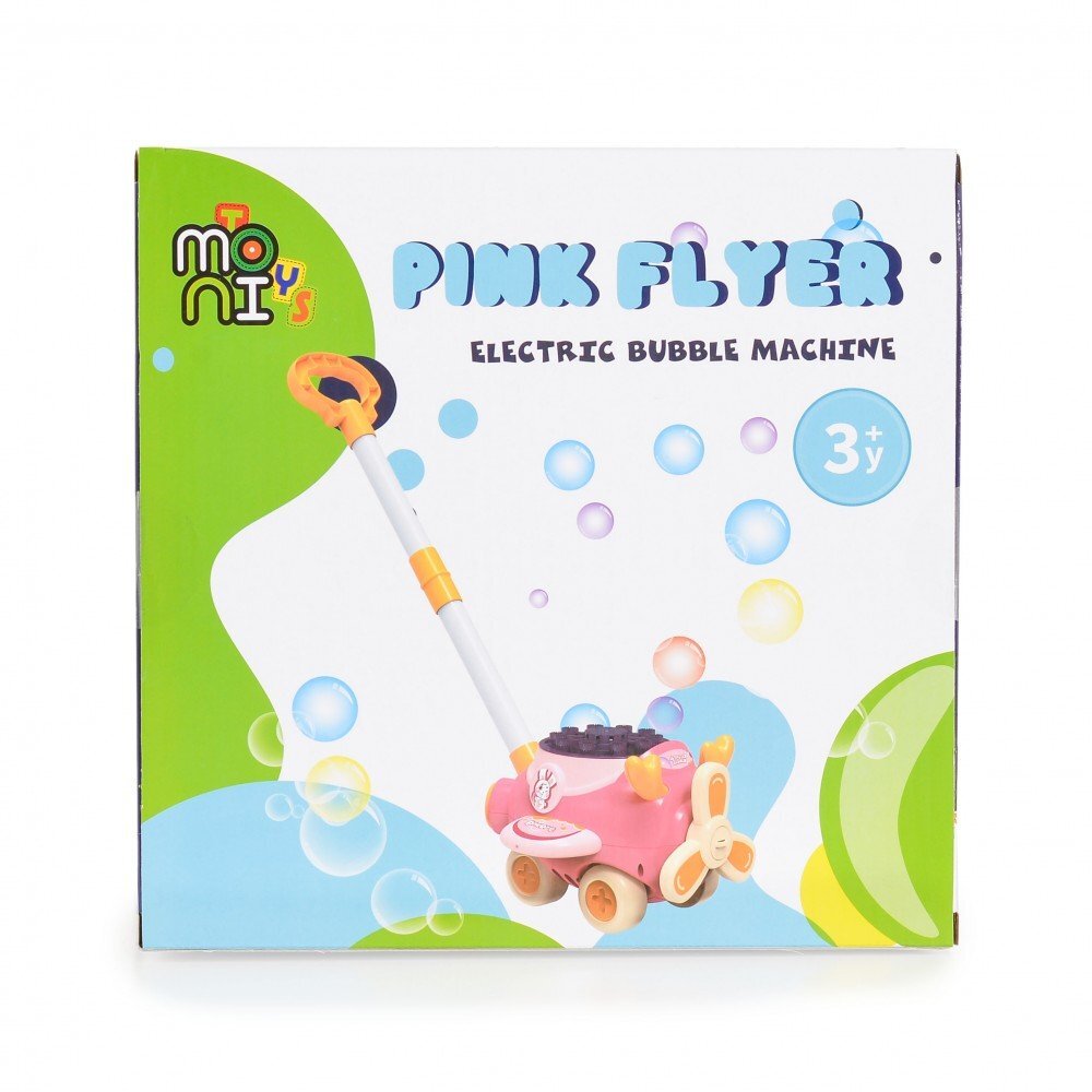 MONI Masina electrica de facut baloane pentru copii Flyer Roz cu maner de impingere design avion solutie de baloane 2x60ml inclusa