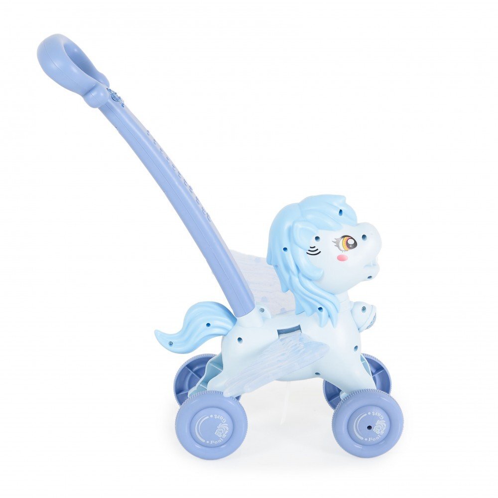 MONI Masina electrica de facut baloane pentru copii Pony Blue Wings cu maner de impingere design avion solutie de baloane 2x60ml inclusa