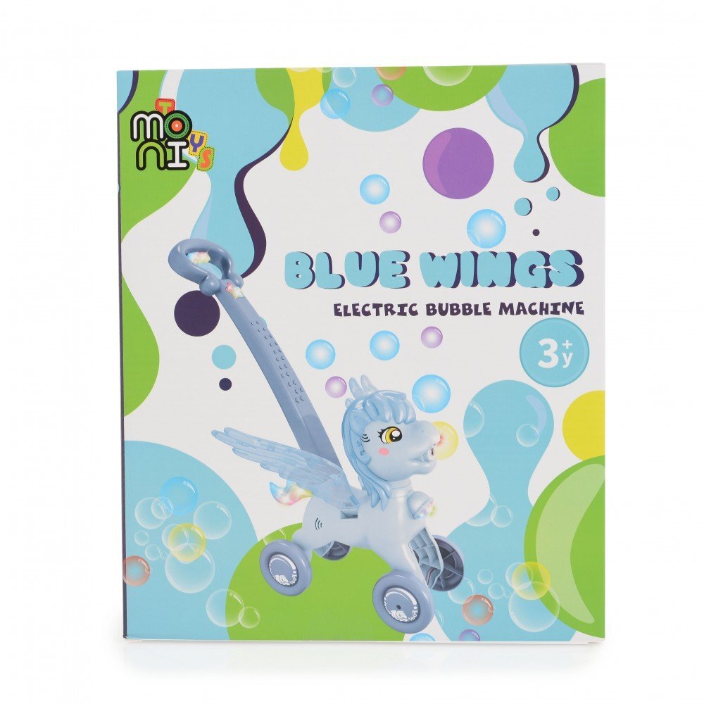 MONI Masina electrica de facut baloane pentru copii Pony Blue Wings cu maner de impingere design avion solutie de baloane 2x60ml inclusa