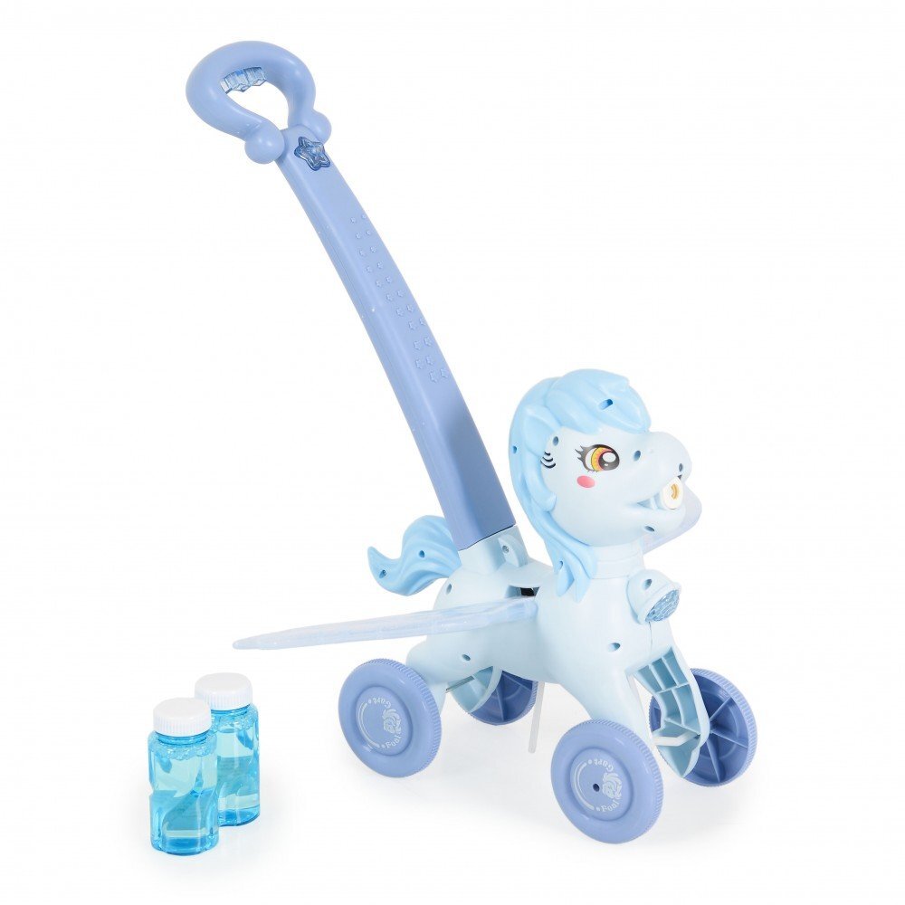 MONI Masina electrica de facut baloane pentru copii Pony Blue Wings cu maner de impingere design avion solutie de baloane 2x60ml inclusa