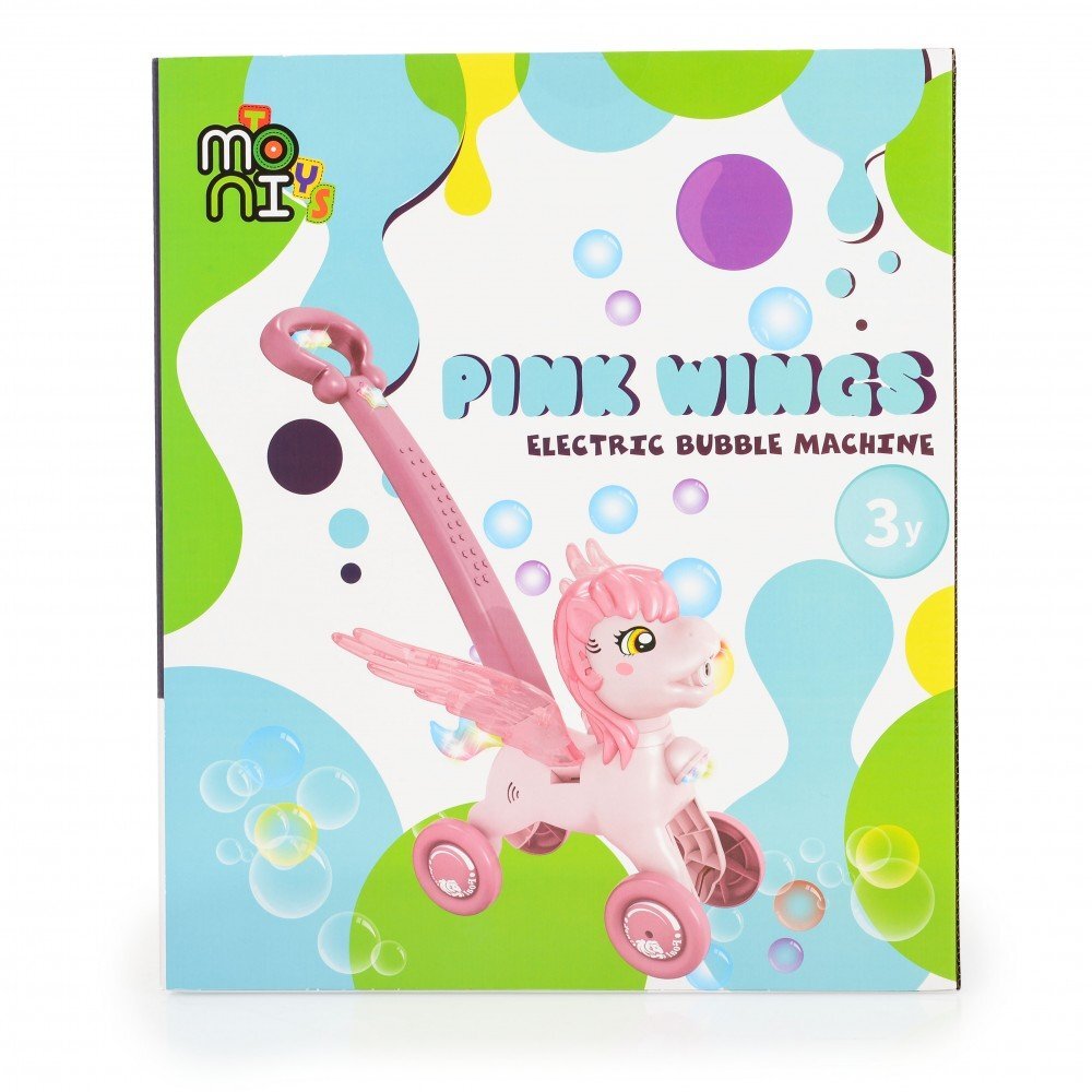 MONI Masina electrica de facut baloane pentru copii Pony Pink Wings cu maner de impingere design avion solutie de baloane 2x60ml inclusa