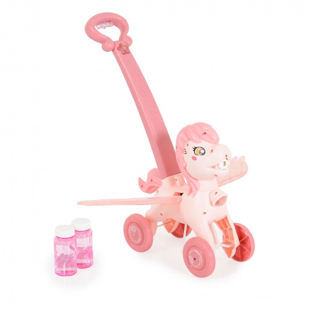 MONI Masina electrica de facut baloane pentru copii Pony Pink Wings cu maner de impingere design avion solutie de baloane 2x60ml inclusa