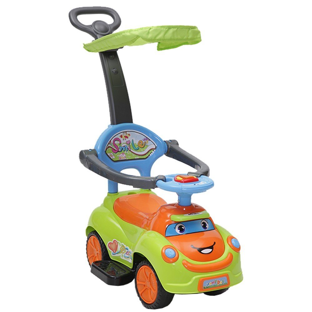 MONI Masinuta copii fara pedale Smile Green 2 in 1 cu maner de impins pentru parinti suport pentru picioare bara de protectievolan cu lumini si melodii pana la 20 kg