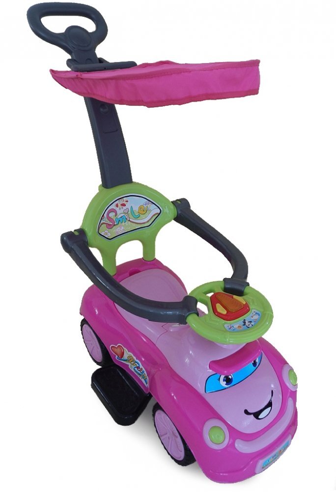 MONI Masinuta copii fara pedale Smile Pink 2 in 1 cu maner de impins pentru parinti suport pentru picioare bara de protectievolan cu lumini si melodii pana la 20 kg