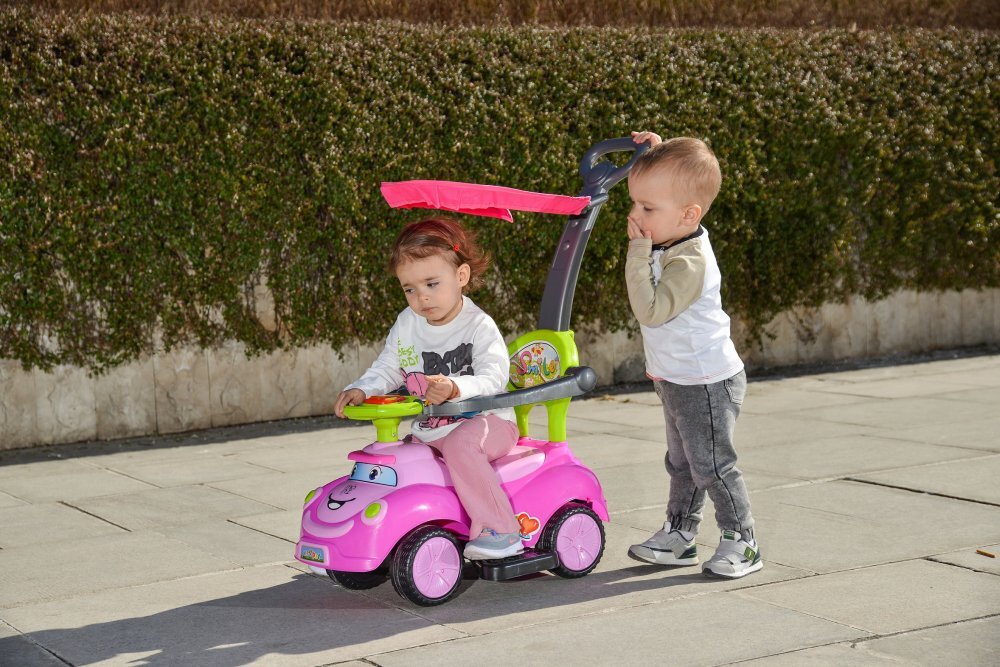 MONI Masinuta copii fara pedale Smile Pink 2 in 1 cu maner de impins pentru parinti suport pentru picioare bara de protectievolan cu lumini si melodii pana la 20 kg