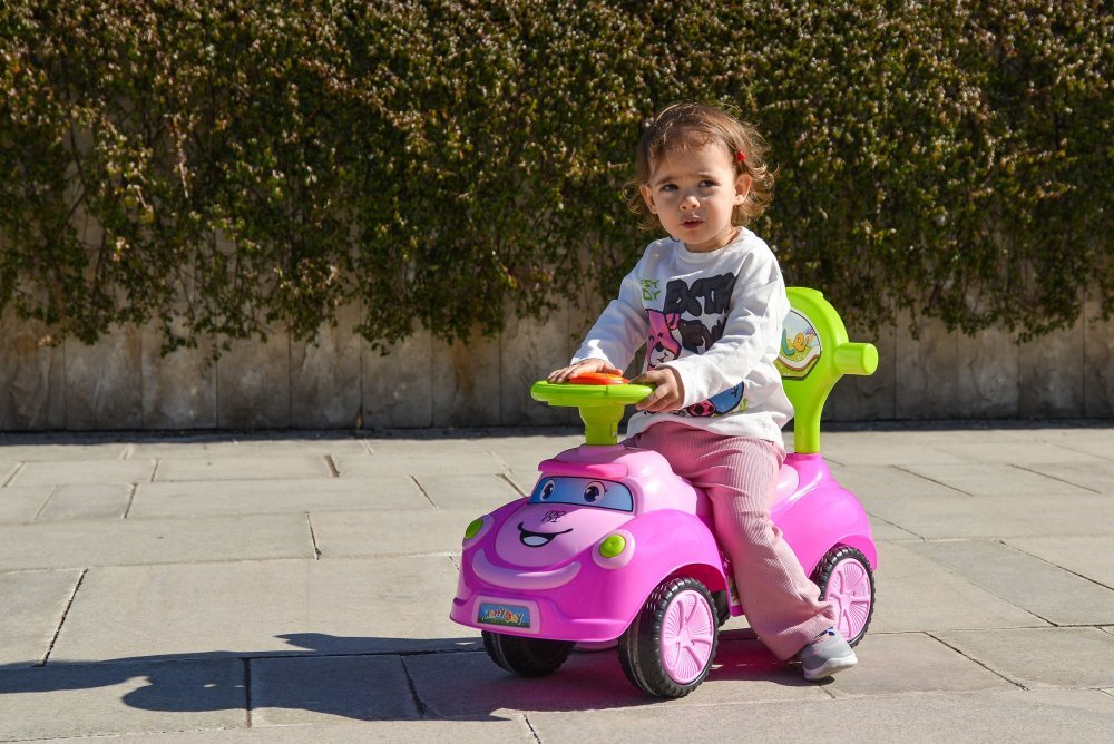 MONI Masinuta copii fara pedale Smile Pink 2 in 1 cu maner de impins pentru parinti suport pentru picioare bara de protectievolan cu lumini si melodii pana la 20 kg