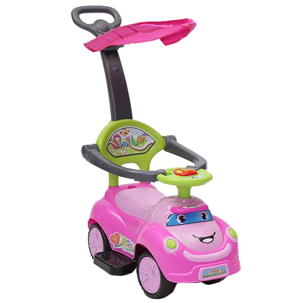 MONI Masinuta copii fara pedale Smile Pink 2 in 1 cu maner de impins pentru parinti suport pentru picioare bara de protectievolan cu lumini si melodii pana la 20 kg