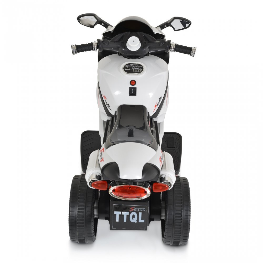 MONI Motocicleta electrica pentru copii Comet White 6V7AhRoti rezistenteOglinzi retrovizoareLampi frontale si lumini LEDMuzicaMufa MP3USBPornire la butonSezut ergonomic
