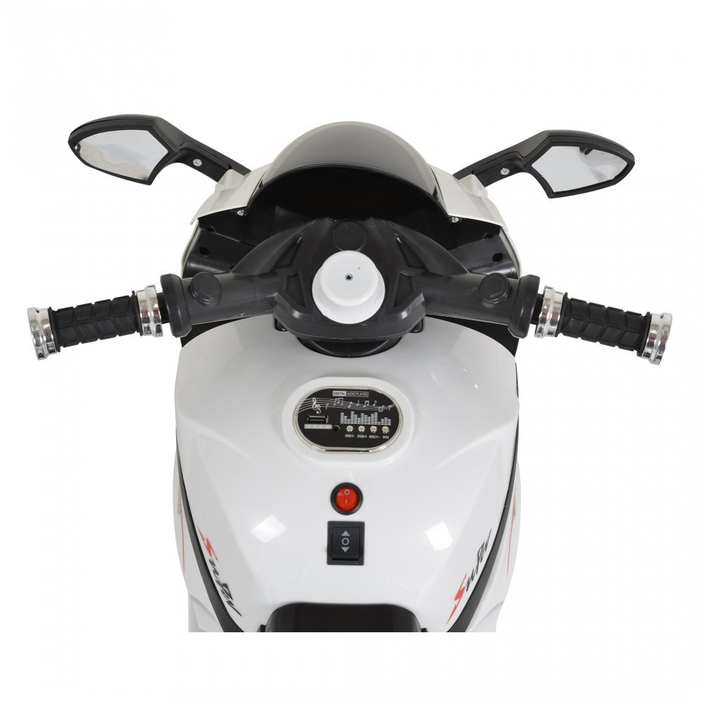MONI Motocicleta electrica pentru copii Comet White 6V7AhRoti rezistenteOglinzi retrovizoareLampi frontale si lumini LEDMuzicaMufa MP3USBPornire la butonSezut ergonomic