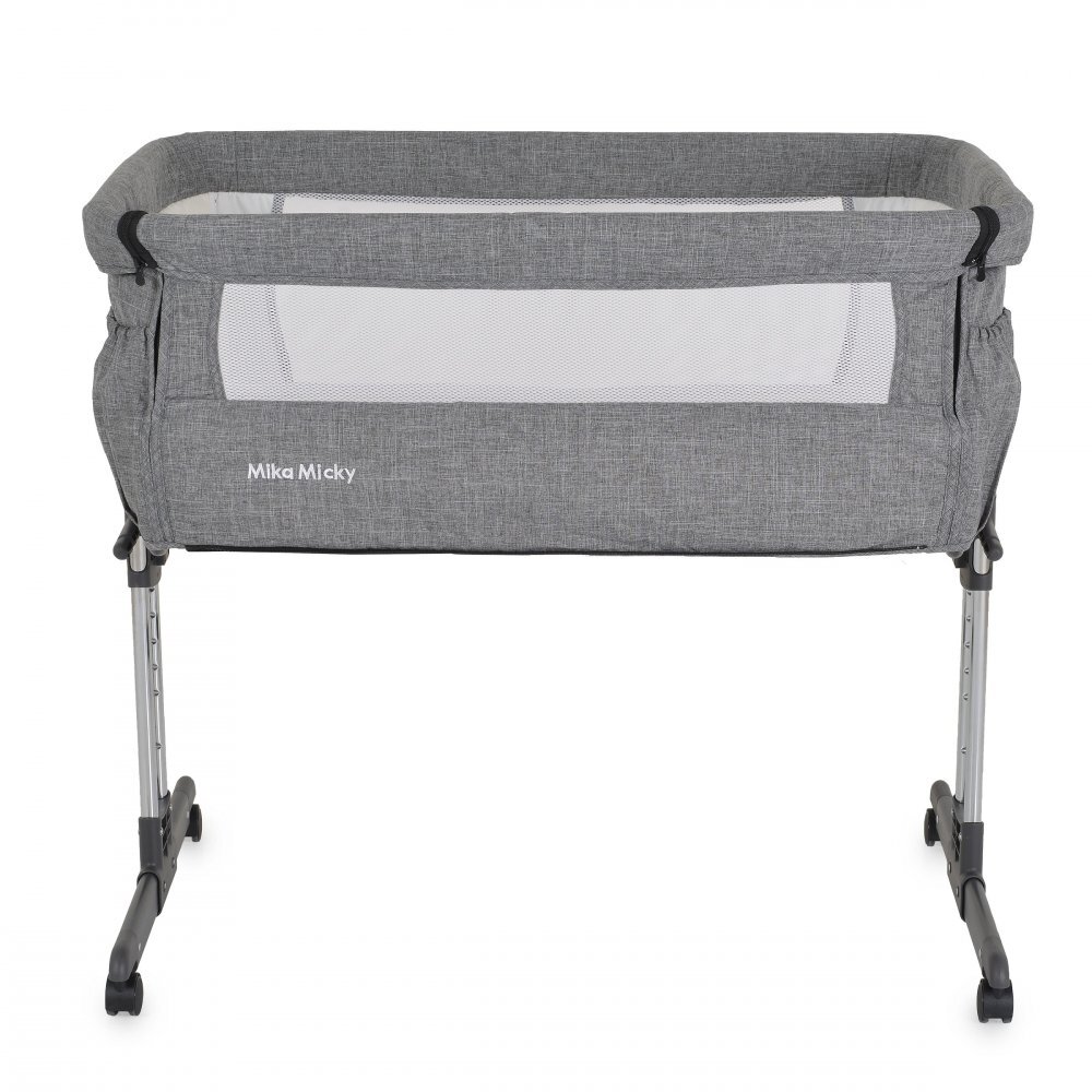 MONI Patut co-sleeper pentru bebelusi Mika Gri cu inaltime reglabila pe 7 niveleroti cu franalaterala detasabila2 buzunare depozitarelaterale din plasa ventilatiecurele pentru fixare la patul parintilorsaltea inclusa