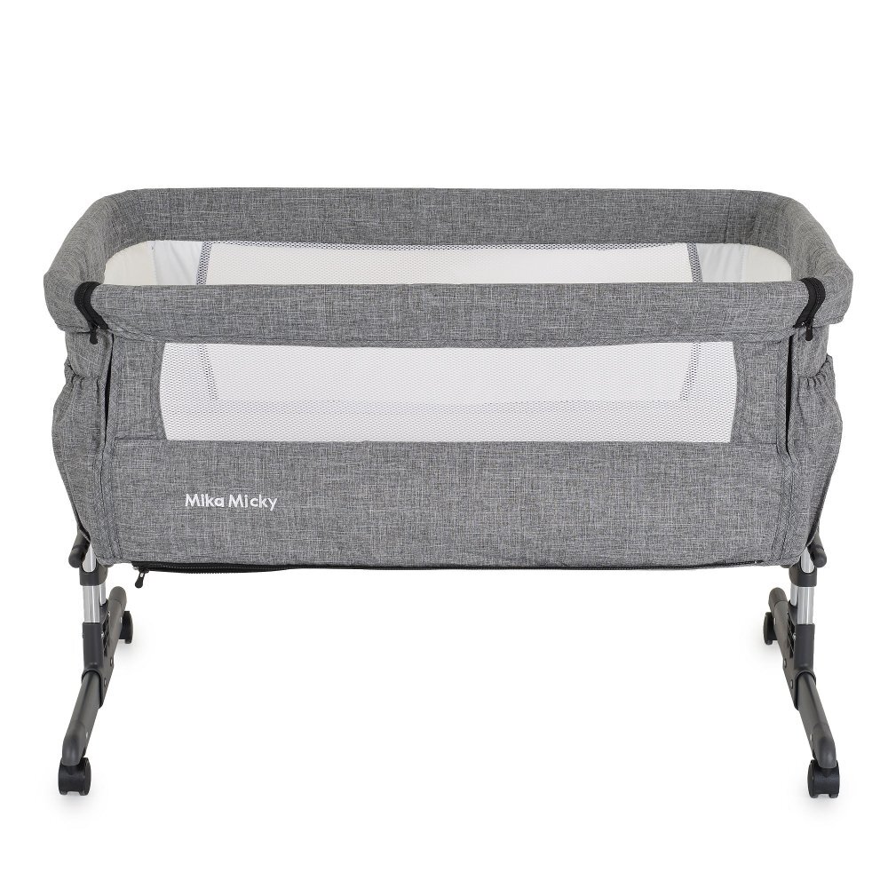MONI Patut co-sleeper pentru bebelusi Mika Gri cu inaltime reglabila pe 7 niveleroti cu franalaterala detasabila2 buzunare depozitarelaterale din plasa ventilatiecurele pentru fixare la patul parintilorsaltea inclusa