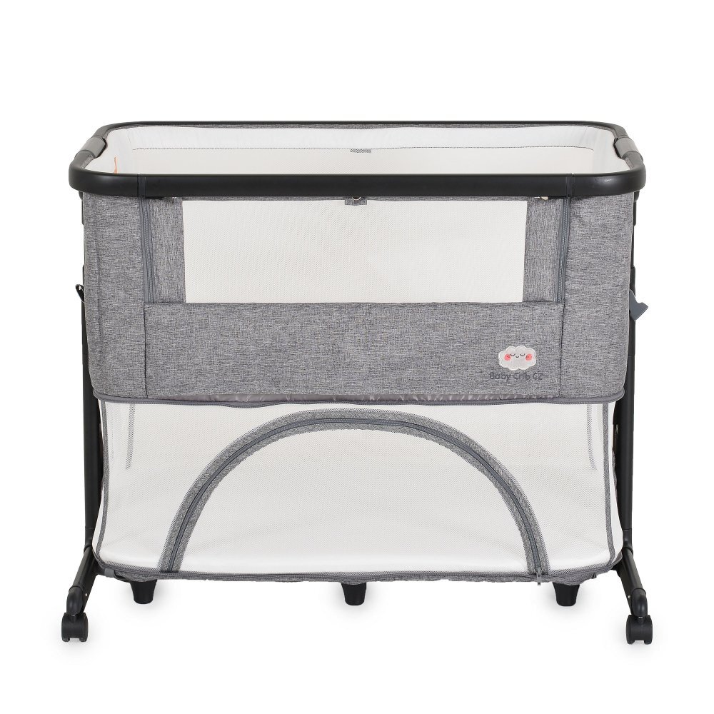 MONI Patut pentru bebelusi 2in1 Baby Crib Gri Melange cu laterala culisantaTransformabil in tarc5 nivele de reglare inaltimeRoti cu franaCapotina cu plasa de insecteCurele pentru fixare pat parinteSaltea inclusa