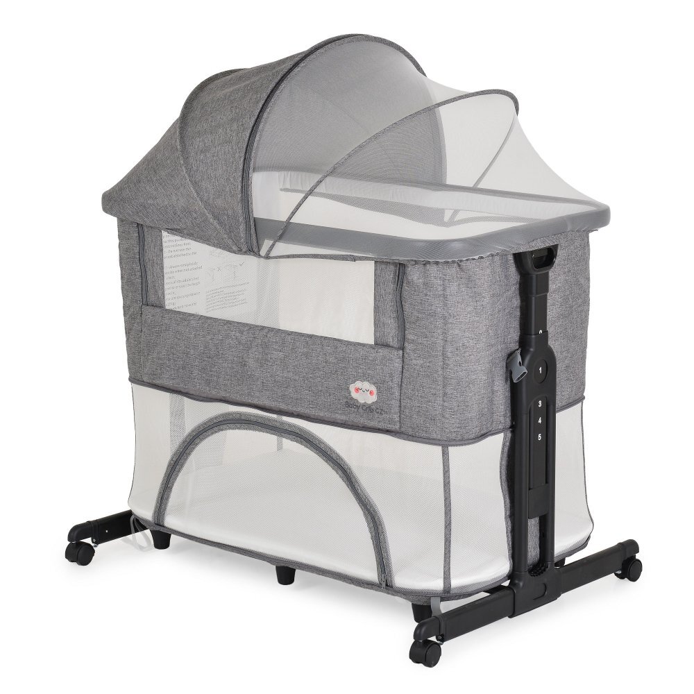 MONI Patut pentru bebelusi 2in1 Baby Crib Gri Melange cu laterala culisantaTransformabil in tarc5 nivele de reglare inaltimeRoti cu franaCapotina cu plasa de insecteCurele pentru fixare pat parinteSaltea inclusa
