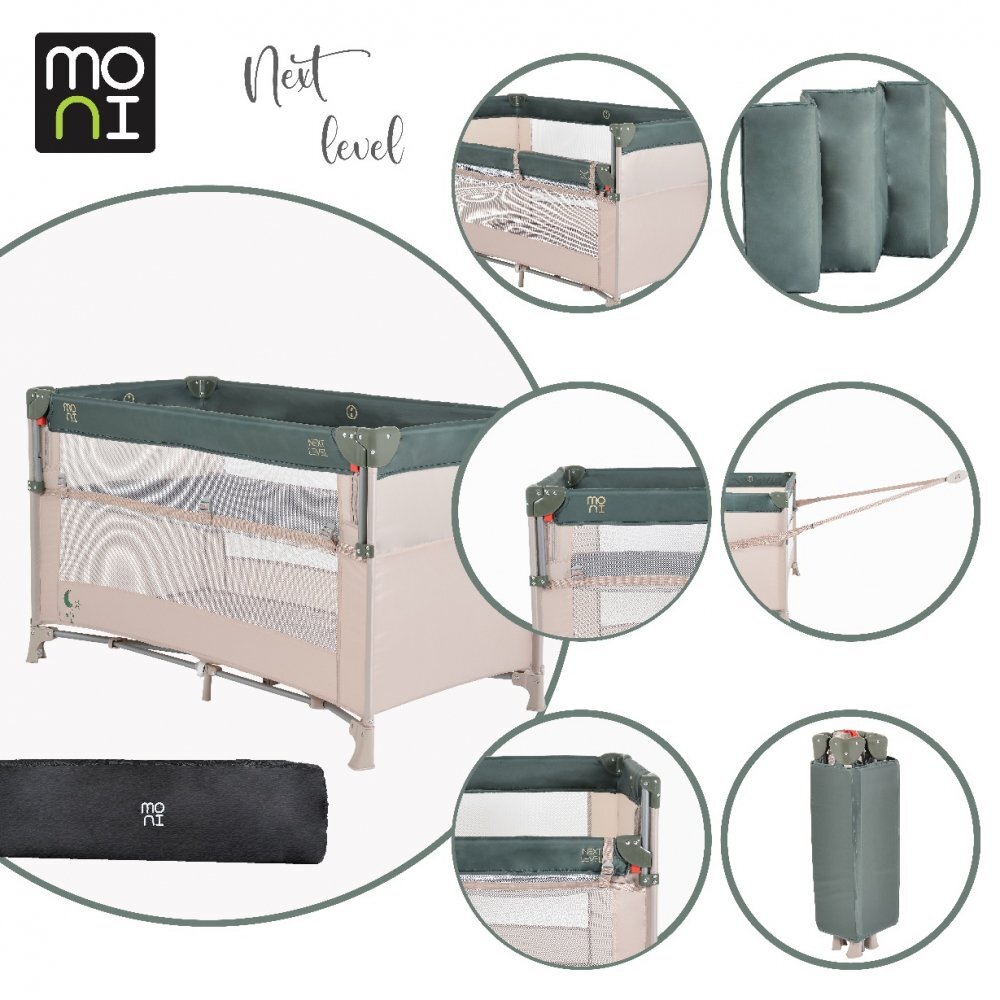 MONI Patut pliabil copii cu laterala culisanta Next level Green3 variante de folosire 2 nivele saltea pliabila inclusa curea fixare la patul parintilor laterale din plasa pentru ventilatie geanta transport125x65x74cm