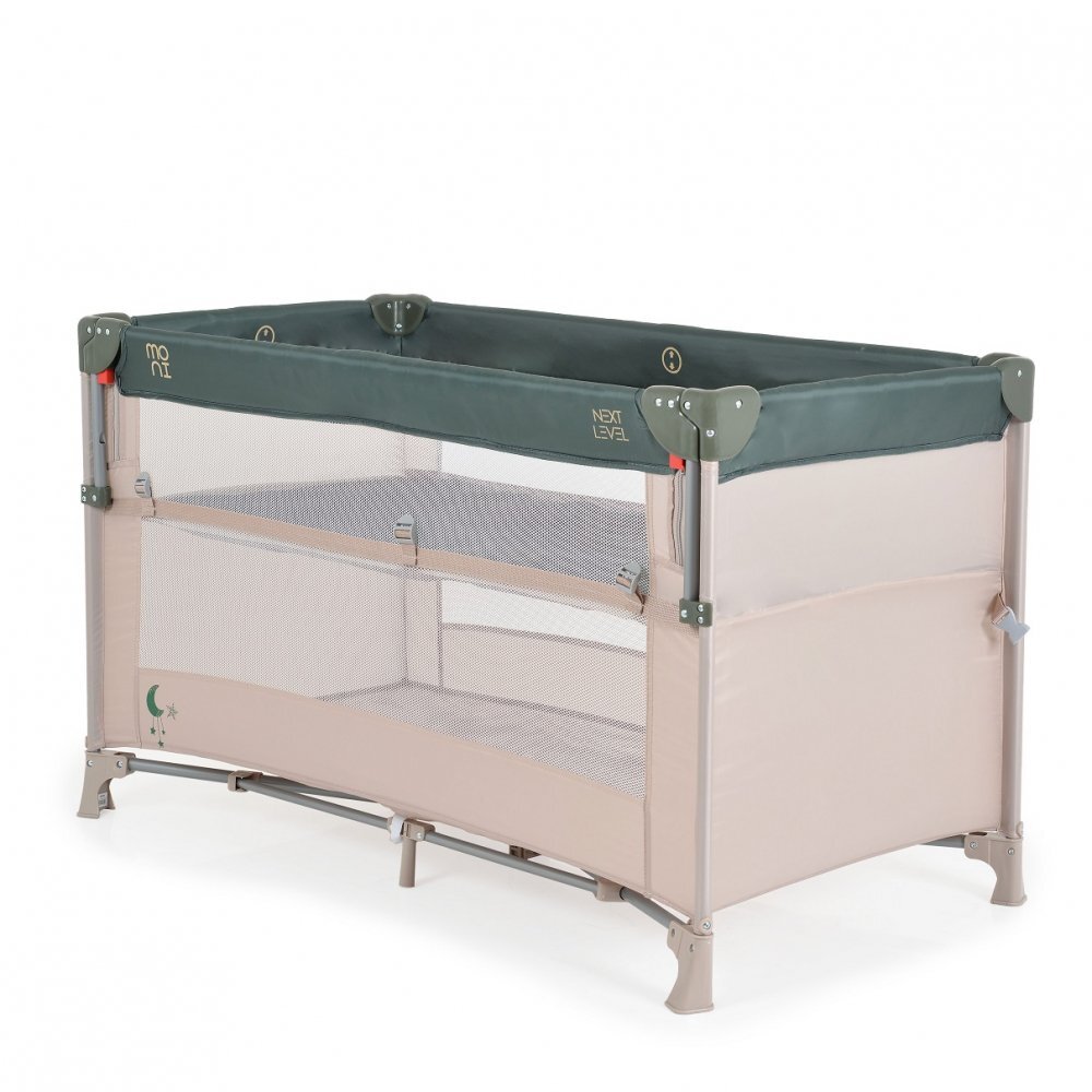 MONI Patut pliabil copii cu laterala culisanta Next level Green3 variante de folosire 2 nivele saltea pliabila inclusa curea fixare la patul parintilor laterale din plasa pentru ventilatie geanta transport125x65x74cm