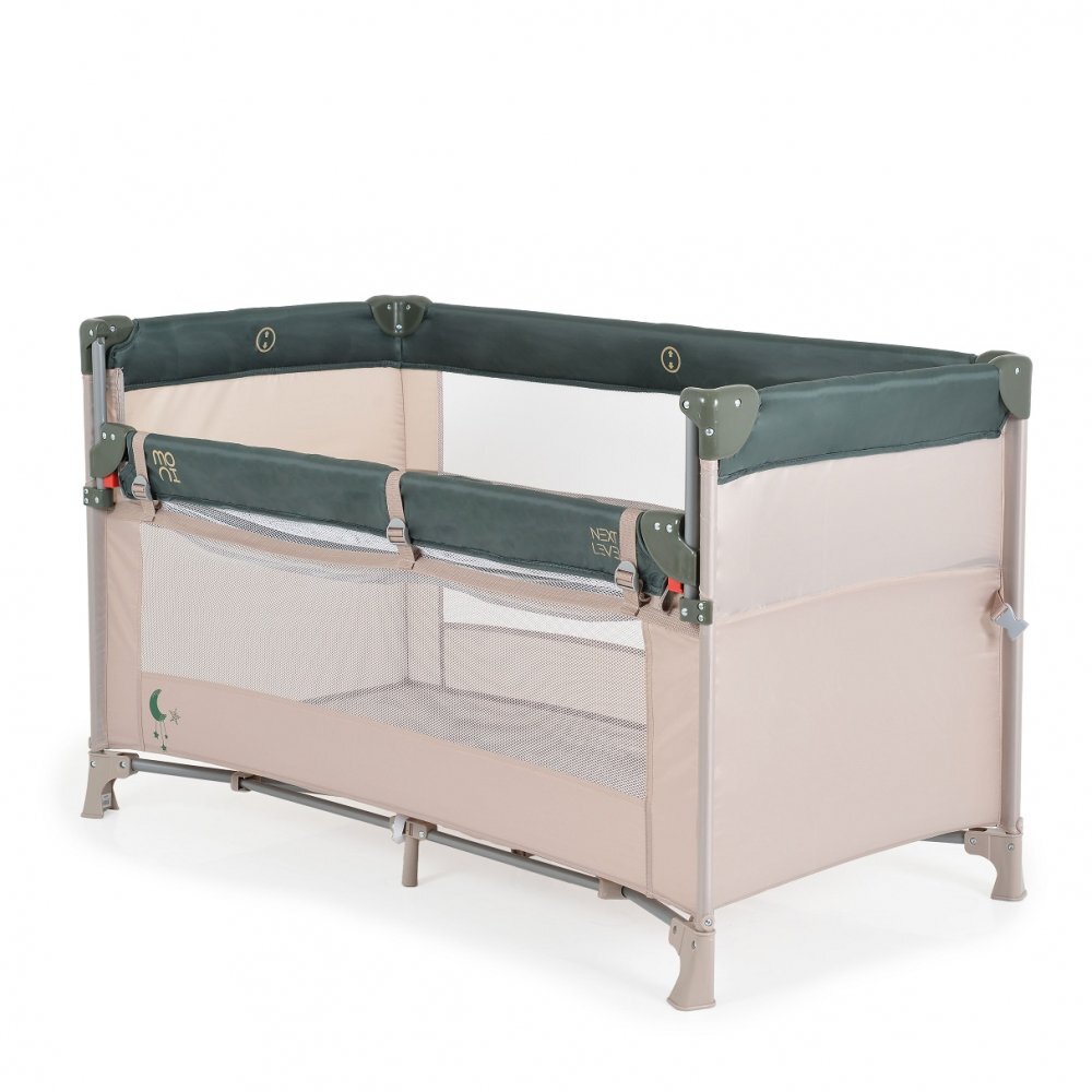 MONI Patut pliabil copii cu laterala culisanta Next level Green3 variante de folosire 2 nivele saltea pliabila inclusa curea fixare la patul parintilor laterale din plasa pentru ventilatie geanta transport125x65x74cm