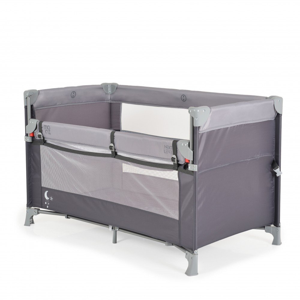 MONI Patut pliabil copii cu laterala culisanta Next level Grey3 variante de folosire2 nivelesaltea pliabila inclusacurea fixare la patul parintilorlaterale din plasa pentru ventilatiegeanta transport125x65x74cm