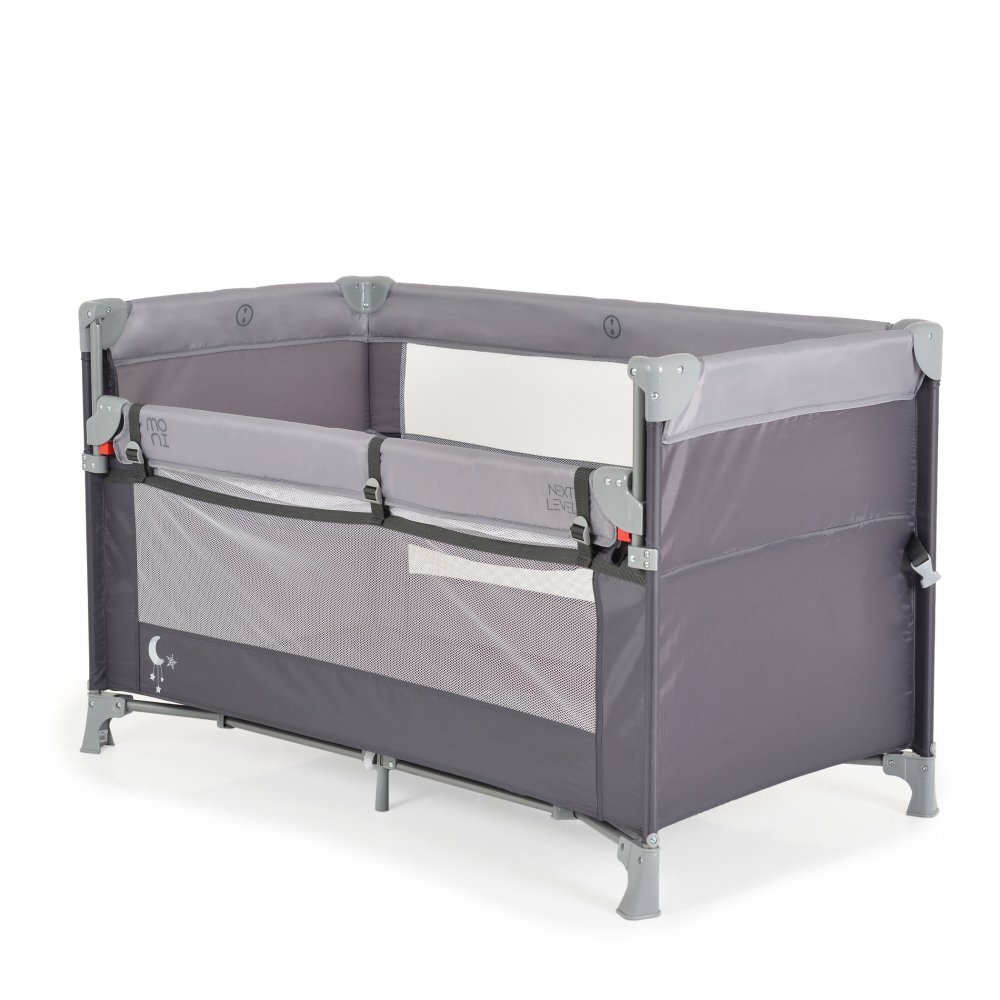 MONI Patut pliabil copii cu laterala culisanta Next level Grey3 variante de folosire2 nivelesaltea pliabila inclusacurea fixare la patul parintilorlaterale din plasa pentru ventilatiegeanta transport125x65x74cm