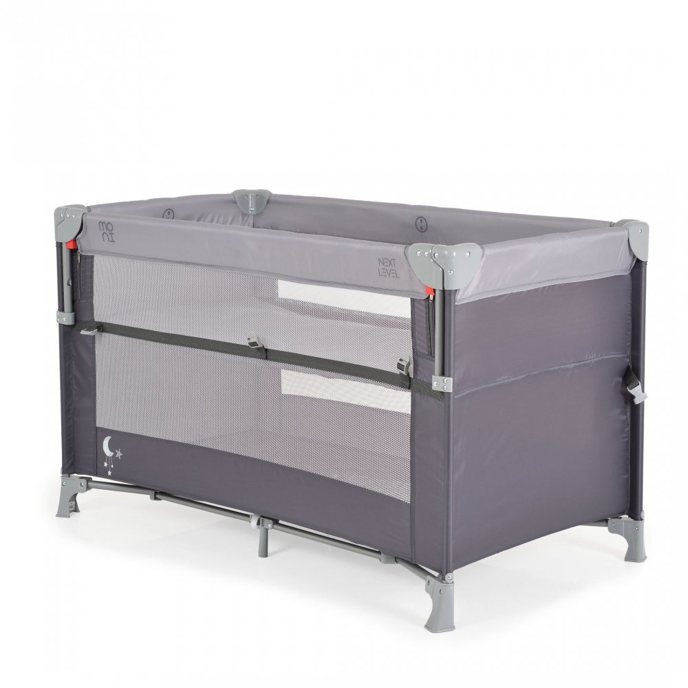 MONI Patut pliabil copii cu laterala culisanta Next level Grey3 variante de folosire2 nivelesaltea pliabila inclusacurea fixare la patul parintilorlaterale din plasa pentru ventilatiegeanta transport125x65x74cm