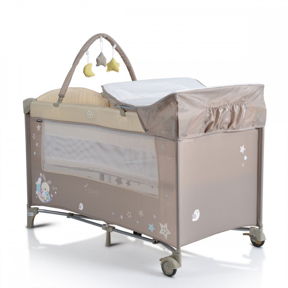 MONI Patut pliabil de calatorie 2in1 Sleepy New Beige 120x60cm cu 2 niveleroti cu blocareusa de acces cu fermoarlaterala cu plasa de ventilatiepliabil compactsaltea pliabilabara cu jucariisaltea de infasat si geanta
