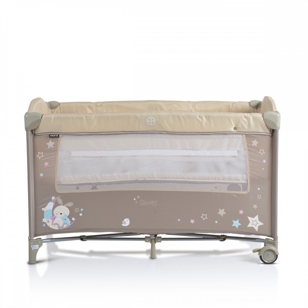 MONI Patut pliabil de calatorie 2in1 Sleepy New Beige 120x60cm cu 2 niveleroti cu blocareusa de acces cu fermoarlaterala cu plasa de ventilatiepliabil compactsaltea pliabilabara cu jucariisaltea de infasat si geanta