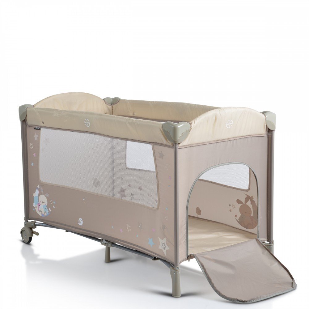 MONI Patut pliabil de calatorie 2in1 Sleepy New Beige 120x60cm cu 2 niveleroti cu blocareusa de acces cu fermoarlaterala cu plasa de ventilatiepliabil compactsaltea pliabilabara cu jucariisaltea de infasat si geanta