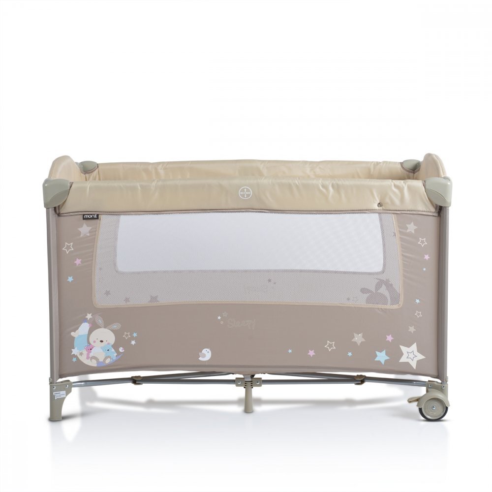 MONI Patut pliabil de calatorie 2in1 Sleepy New Beige 120x60cm cu 2 niveleroti cu blocareusa de acces cu fermoarlaterala cu plasa de ventilatiepliabil compactsaltea pliabilabara cu jucariisaltea de infasat si geanta