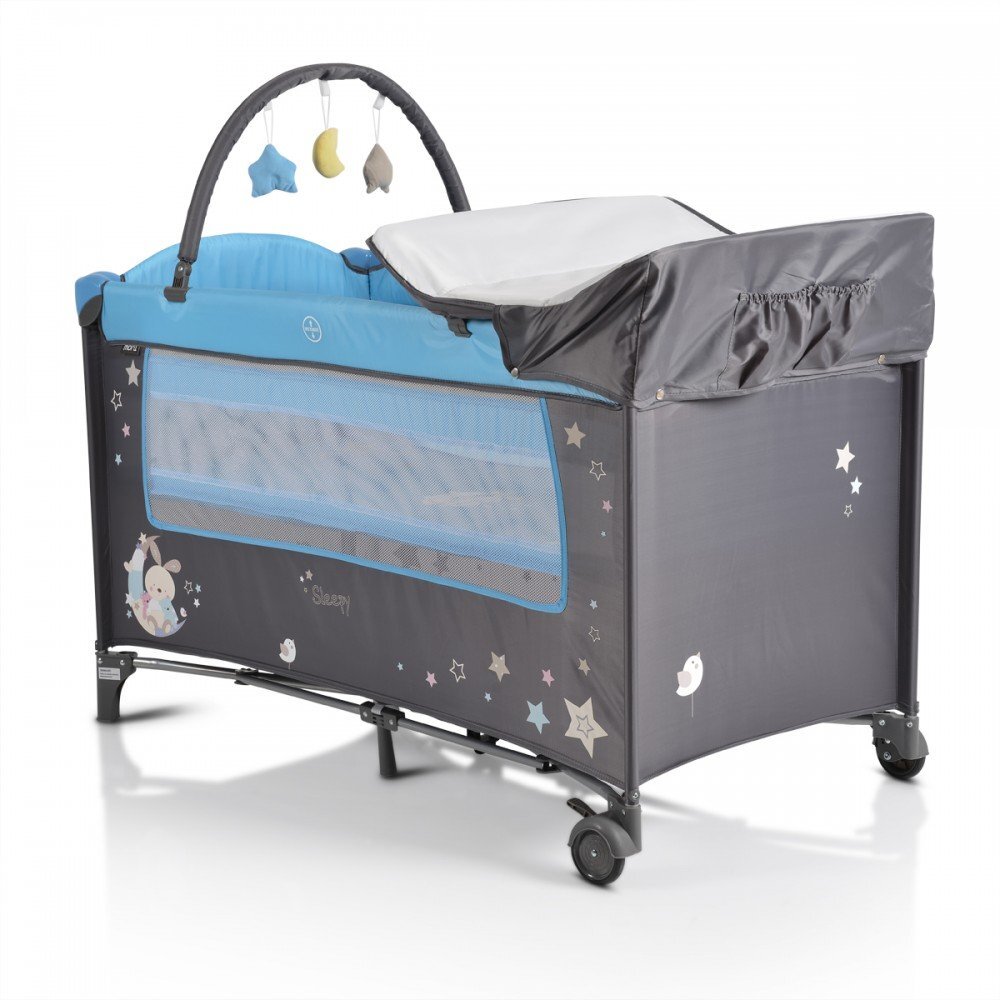 MONI Patut pliabil de calatorie 2in1 Sleepy New Blue 120x60cm cu 2 niveleroti cu blocareusa de acces cu fermoarlaterala cu plasa de ventilatiepliabil compactsaltea pliabilabara cu jucariisaltea de infasat si geanta