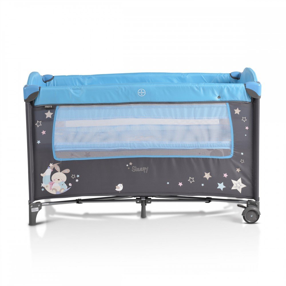 MONI Patut pliabil de calatorie 2in1 Sleepy New Blue 120x60cm cu 2 niveleroti cu blocareusa de acces cu fermoarlaterala cu plasa de ventilatiepliabil compactsaltea pliabilabara cu jucariisaltea de infasat si geanta