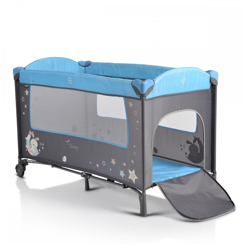 MONI Patut pliabil de calatorie 2in1 Sleepy New Blue 120x60cm cu 2 niveleroti cu blocareusa de acces cu fermoarlaterala cu plasa de ventilatiepliabil compactsaltea pliabilabara cu jucariisaltea de infasat si geanta
