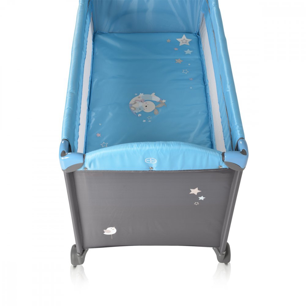 MONI Patut pliabil de calatorie 2in1 Sleepy New Blue 120x60cm cu 2 niveleroti cu blocareusa de acces cu fermoarlaterala cu plasa de ventilatiepliabil compactsaltea pliabilabara cu jucariisaltea de infasat si geanta