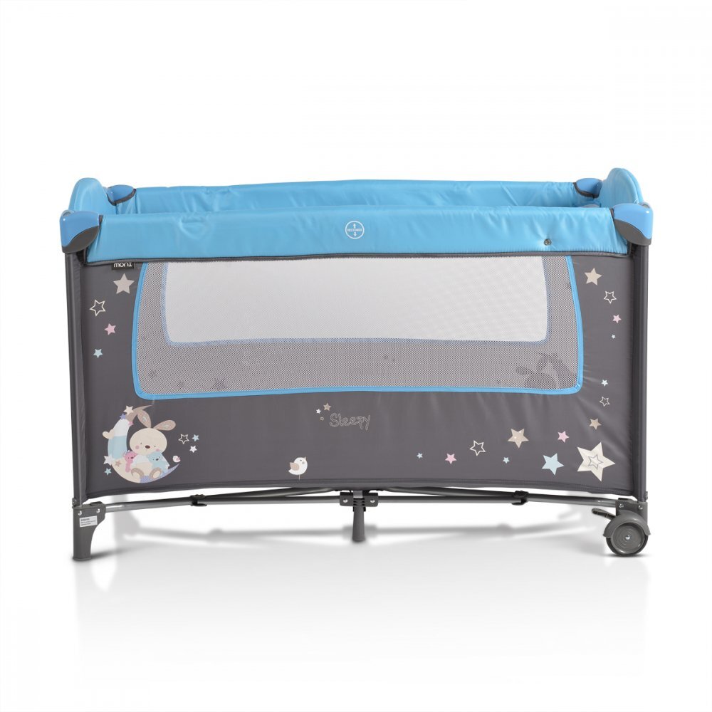 MONI Patut pliabil de calatorie 2in1 Sleepy New Blue 120x60cm cu 2 niveleroti cu blocareusa de acces cu fermoarlaterala cu plasa de ventilatiepliabil compactsaltea pliabilabara cu jucariisaltea de infasat si geanta