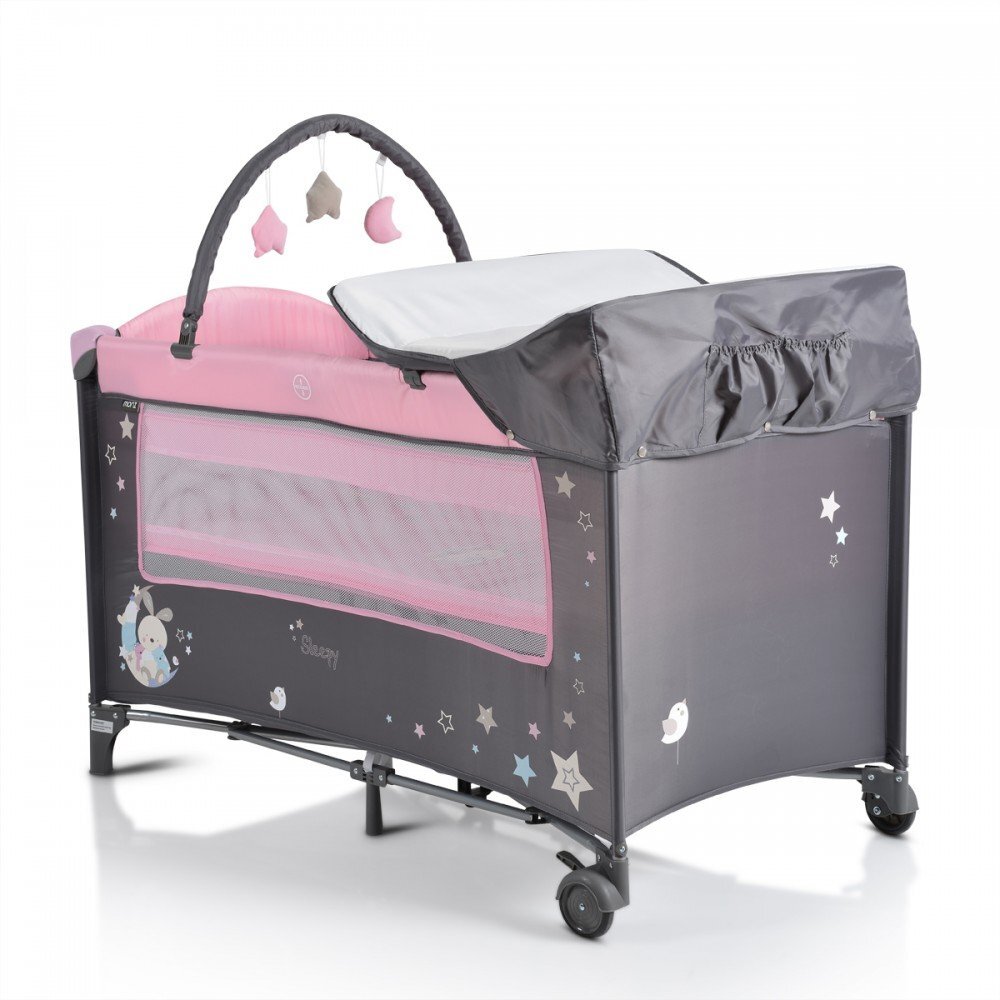 MONI Patut pliabil de calatorie 2in1 Sleepy New Pink 120x60cm cu 2 niveleroti cu blocareusa de acces cu fermoarlaterala cu plasa de ventilatiepliabil compactsaltea pliabilabara cu jucariisaltea de infasat si geanta