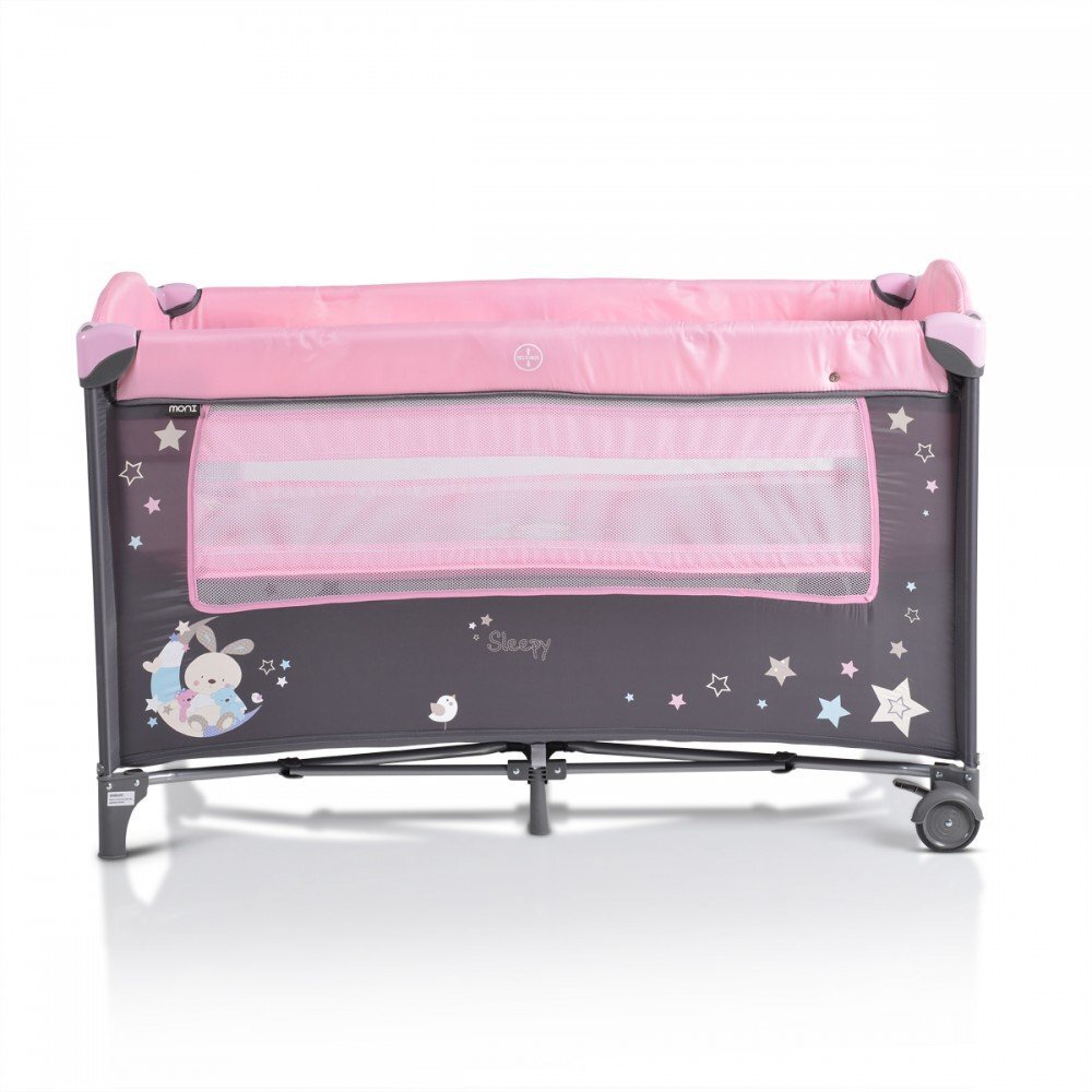 MONI Patut pliabil de calatorie 2in1 Sleepy New Pink 120x60cm cu 2 niveleroti cu blocareusa de acces cu fermoarlaterala cu plasa de ventilatiepliabil compactsaltea pliabilabara cu jucariisaltea de infasat si geanta