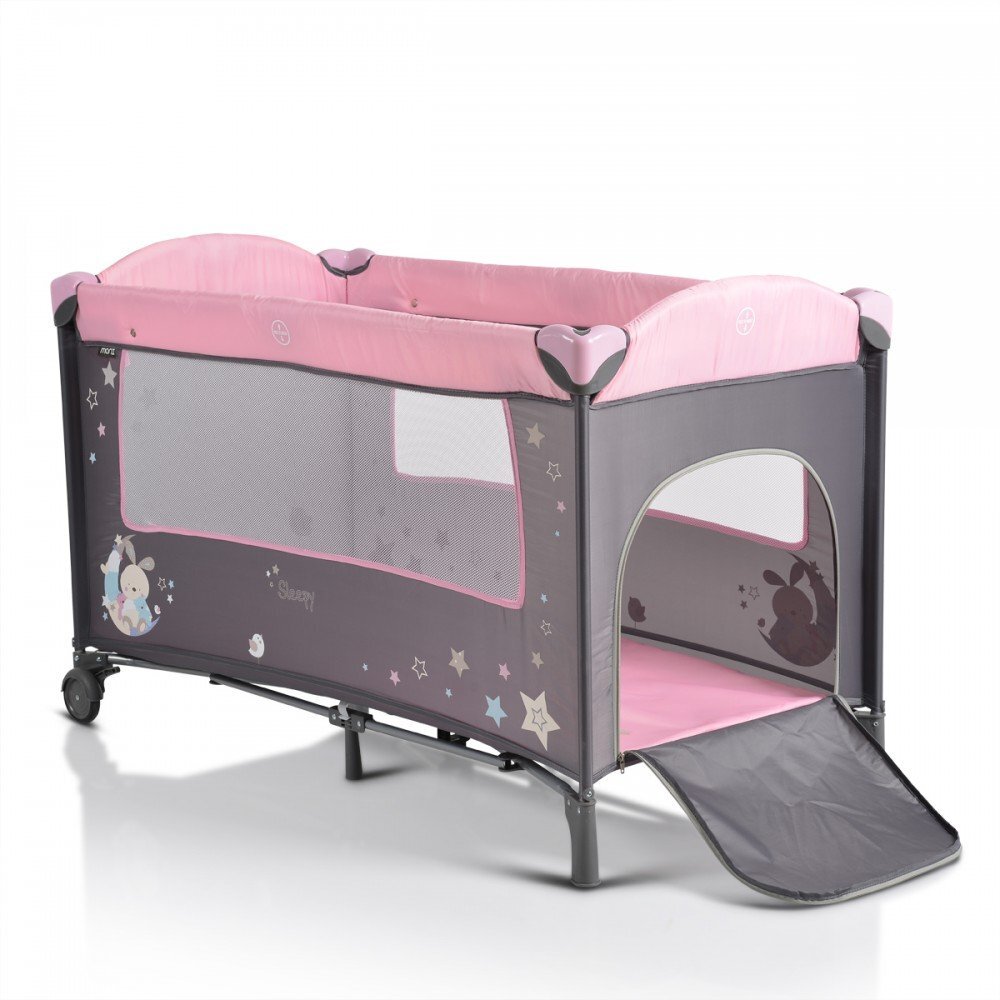 MONI Patut pliabil de calatorie 2in1 Sleepy New Pink 120x60cm cu 2 niveleroti cu blocareusa de acces cu fermoarlaterala cu plasa de ventilatiepliabil compactsaltea pliabilabara cu jucariisaltea de infasat si geanta