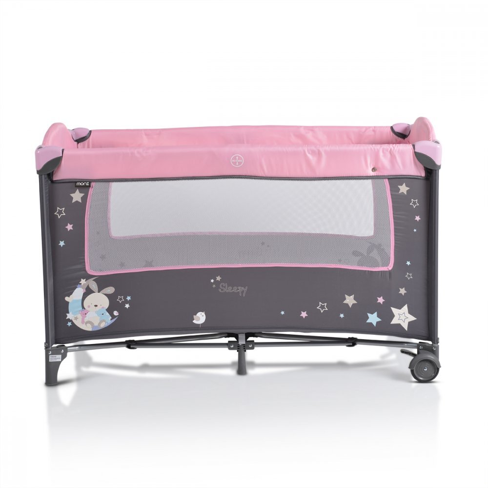MONI Patut pliabil de calatorie 2in1 Sleepy New Pink 120x60cm cu 2 niveleroti cu blocareusa de acces cu fermoarlaterala cu plasa de ventilatiepliabil compactsaltea pliabilabara cu jucariisaltea de infasat si geanta