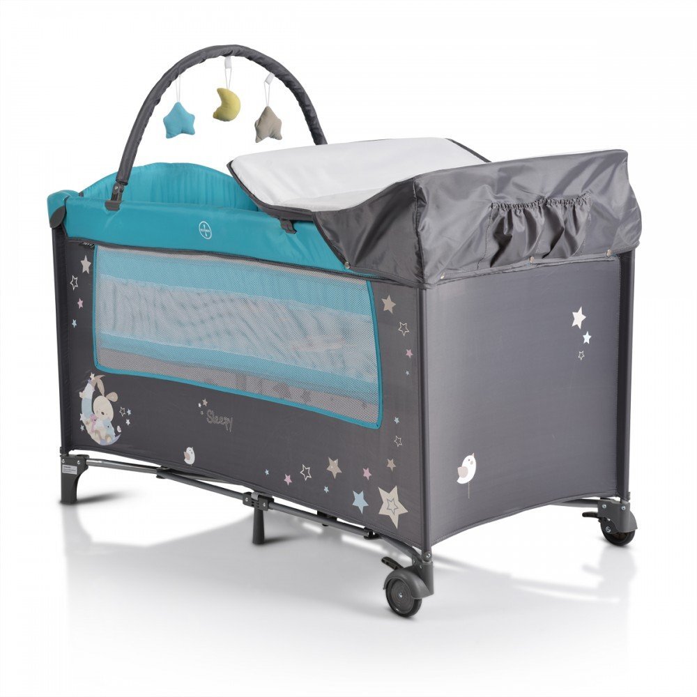 MONI Patut pliabil de calatorie 2in1 Sleepy New Turcoaz 120x60cm cu 2 niveleroti cu blocareusa de acces cu fermoarlaterala cu plasa de ventilatiepliabil compactsaltea pliabilabara cu jucariisaltea de infasat si geanta