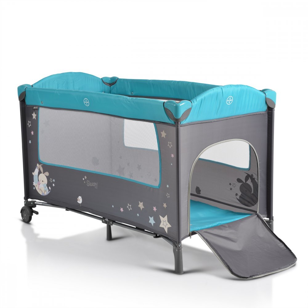 MONI Patut pliabil de calatorie 2in1 Sleepy New Turcoaz 120x60cm cu 2 niveleroti cu blocareusa de acces cu fermoarlaterala cu plasa de ventilatiepliabil compactsaltea pliabilabara cu jucariisaltea de infasat si geanta