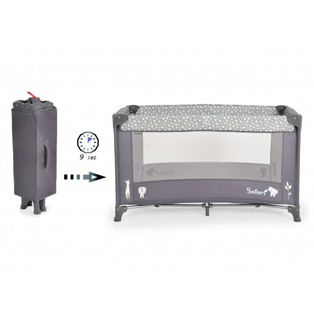 MONI Patut pliabil pentru copii Safari Graphite 125x62x75 cm cu un nivelDeschidere laterala cu fermoarSaltea pliabila si geanta transport inclusede la 0 luni pana la 15 kg
