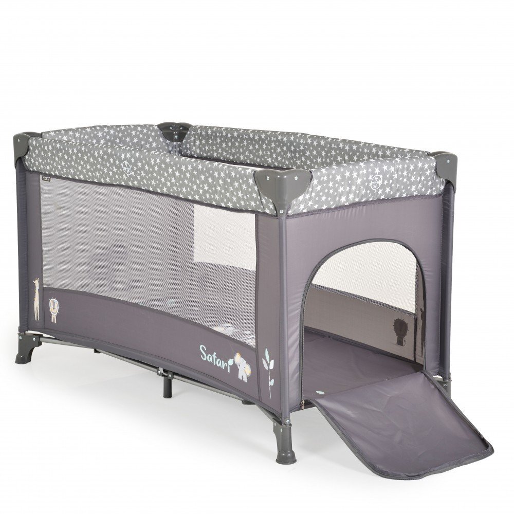 MONI Patut pliabil pentru copii Safari Graphite 125x62x75 cm cu un nivelDeschidere laterala cu fermoarSaltea pliabila si geanta transport inclusede la 0 luni pana la 15 kg
