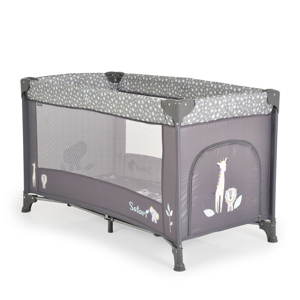 MONI Patut pliabil pentru copii Safari Graphite 125x62x75 cm cu un nivelDeschidere laterala cu fermoarSaltea pliabila si geanta transport inclusede la 0 luni pana la 15 kg