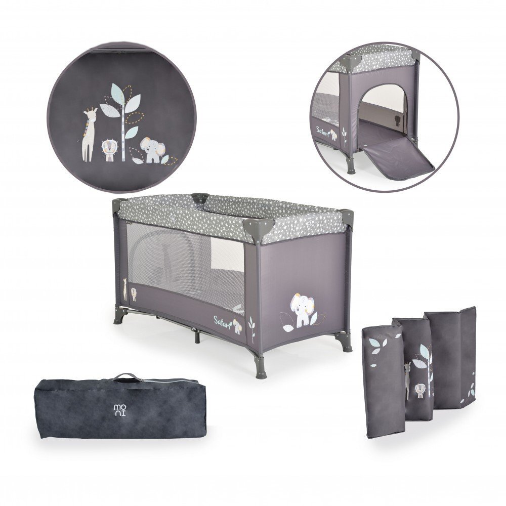 MONI Patut pliabil pentru copii Safari Graphite 125x62x75 cm cu un nivelDeschidere laterala cu fermoarSaltea pliabila si geanta transport inclusede la 0 luni pana la 15 kg