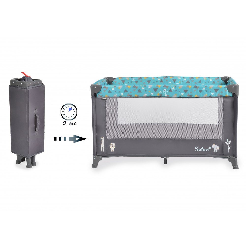 MONI Patut pliabil pentru copii Safari Turquoise 125x62x75 cm cu un nivelDeschidere laterala cu fermoarSaltea pliabila si geanta transport inclusede la 0 luni pana la 15 kg