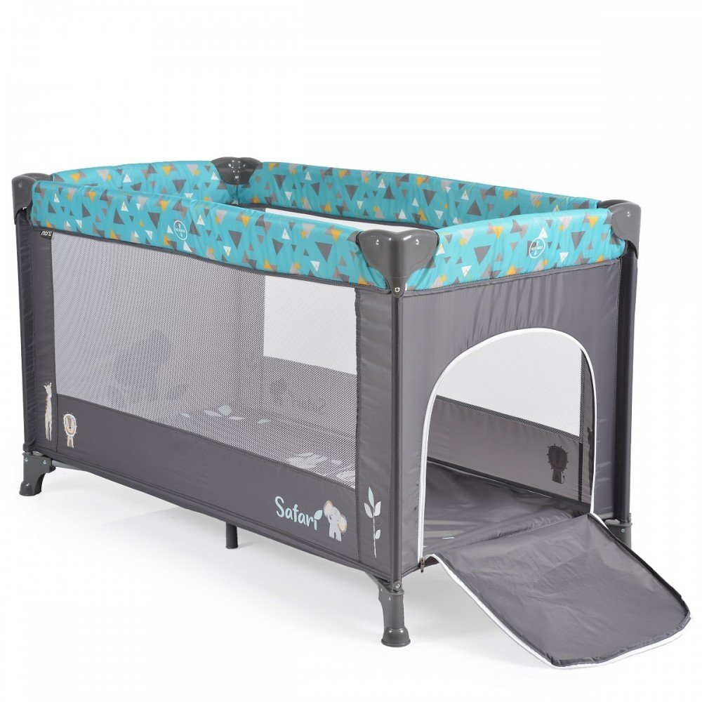 MONI Patut pliabil pentru copii Safari Turquoise 125x62x75 cm cu un nivelDeschidere laterala cu fermoarSaltea pliabila si geanta transport inclusede la 0 luni pana la 15 kg