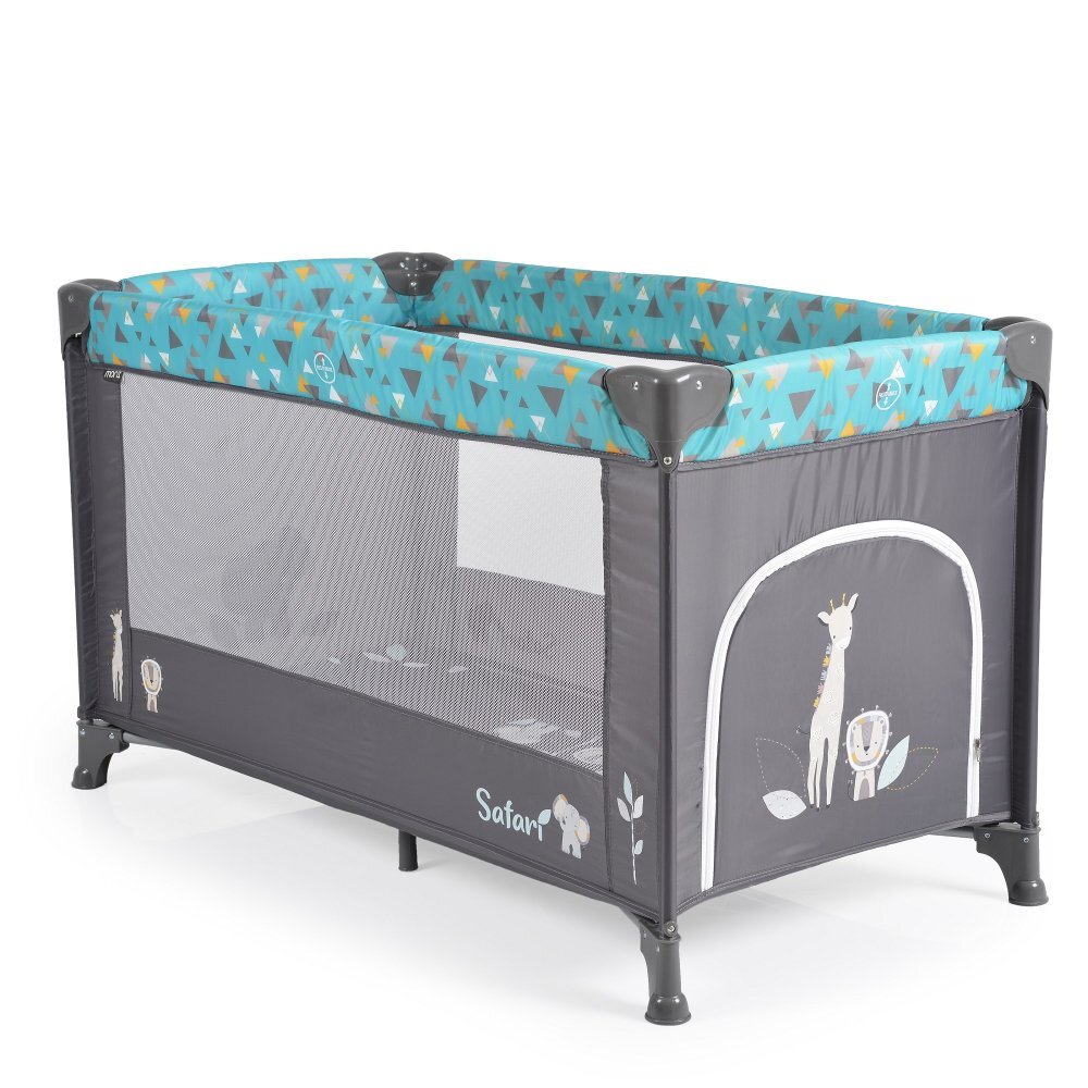 MONI Patut pliabil pentru copii Safari Turquoise 125x62x75 cm cu un nivelDeschidere laterala cu fermoarSaltea pliabila si geanta transport inclusede la 0 luni pana la 15 kg