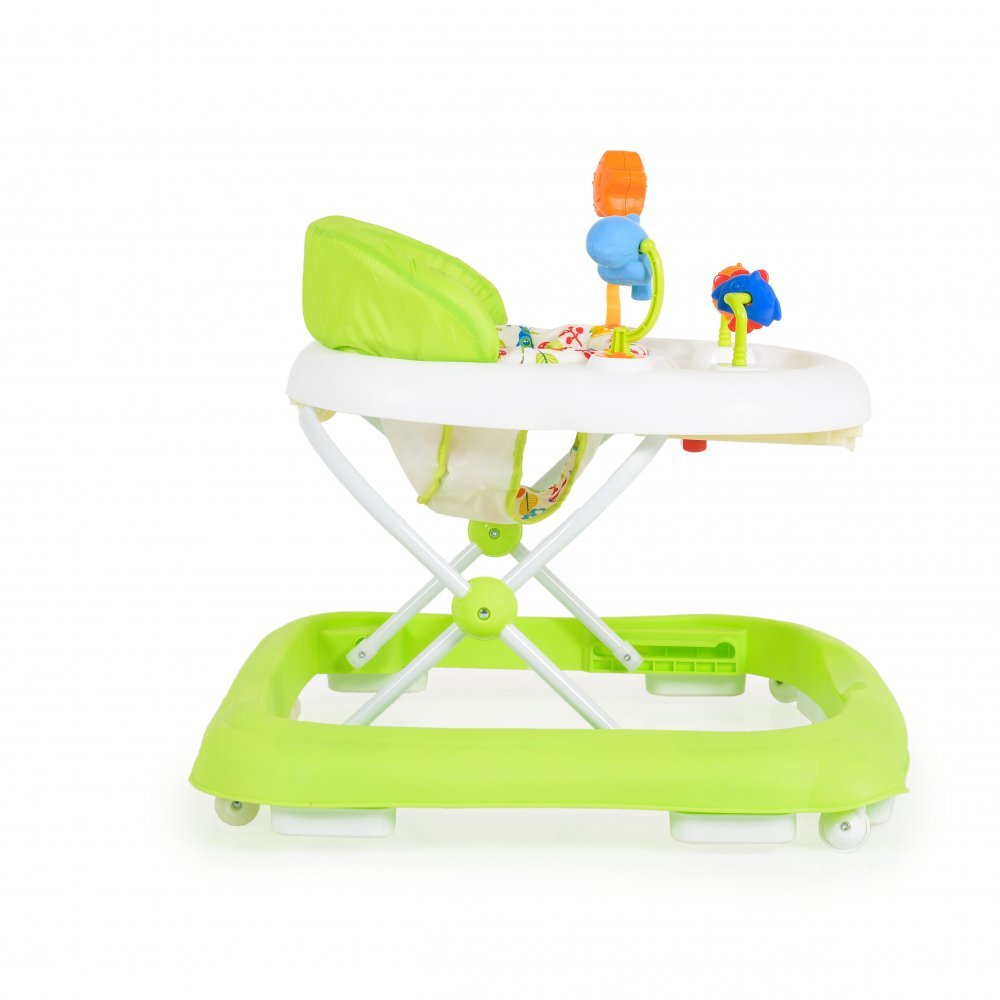 MONI Premergator pliabil pentru copii Eko Green cu inaltime sezut reglabilspatar inalt si confortabilpanou cu jucariiroti pivotante si protectii cauciucate siguranta praguri
