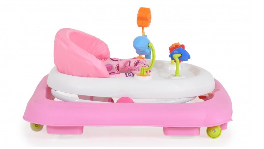 MONI Premergator pliabil pentru copii Eko Pink cu inaltime sezut reglabilspatar inalt si confortabilpanou cu jucariiroti pivotante si protectii cauciucate siguranta praguri