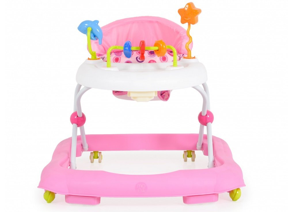 MONI Premergator pliabil pentru copii Eko Pink cu inaltime sezut reglabilspatar inalt si confortabilpanou cu jucariiroti pivotante si protectii cauciucate siguranta praguri