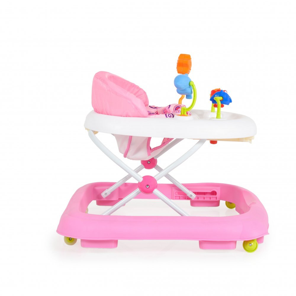 MONI Premergator pliabil pentru copii Eko Pink cu inaltime sezut reglabilspatar inalt si confortabilpanou cu jucariiroti pivotante si protectii cauciucate siguranta praguri